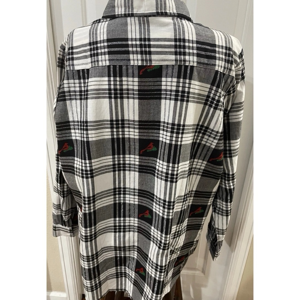 Collections Etc Button Up Plaid Shirt Women's XXL Red Embroidered Birds Holidays - Picture 6 of 7